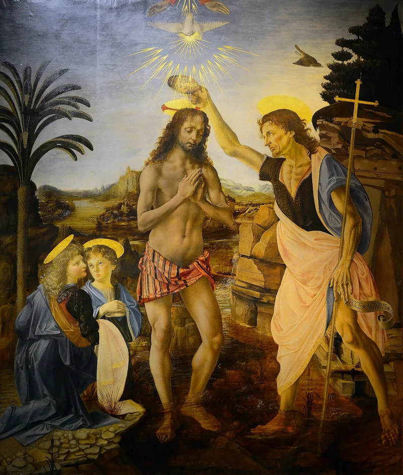 Verrocchio and Leonardo's Baptism of Christ, about 1475, with the Spirit descending as a dove
