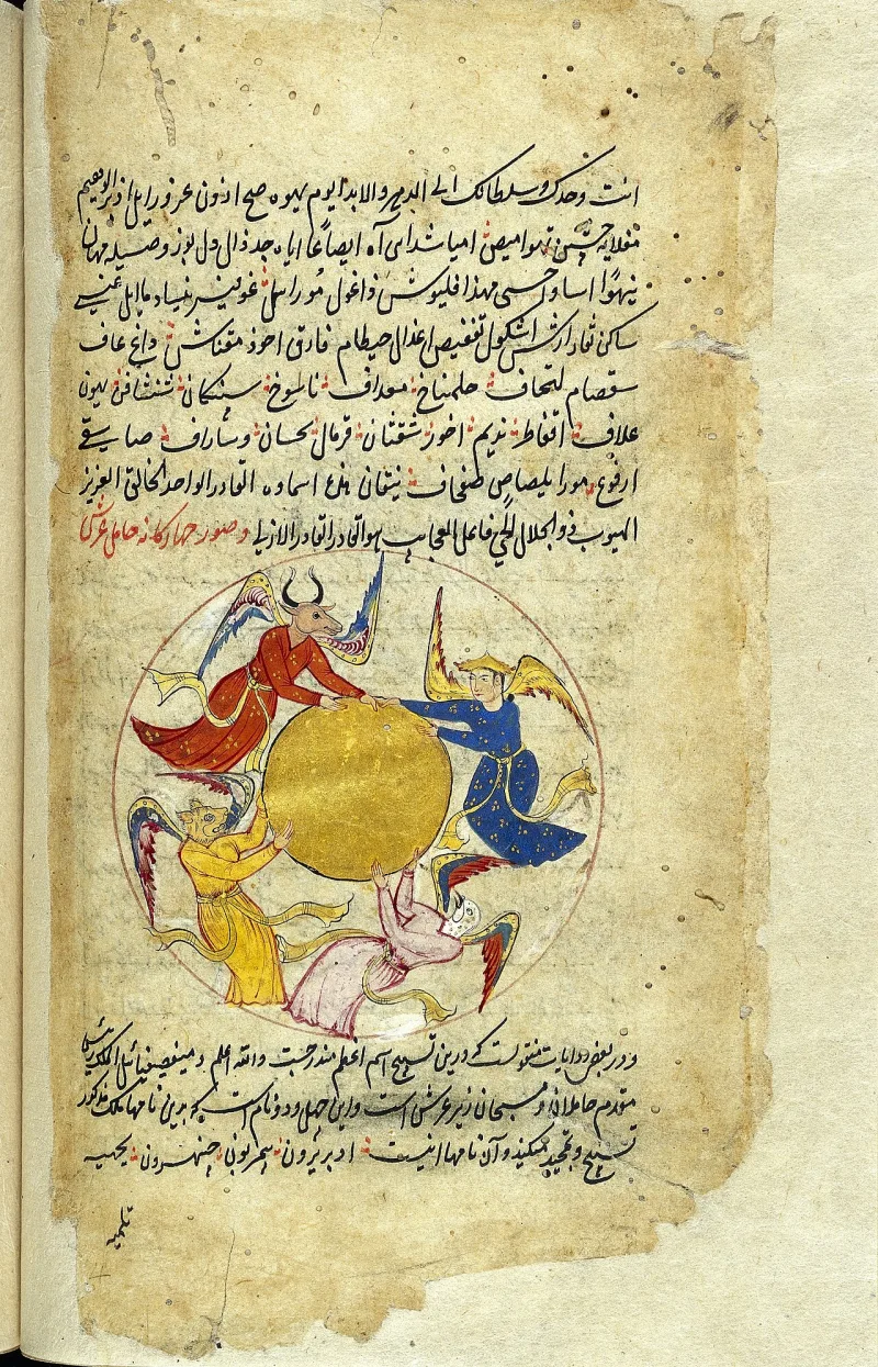 Angels bearing the throne in an Islamic manuscript; the Qur'an says angels never disobey