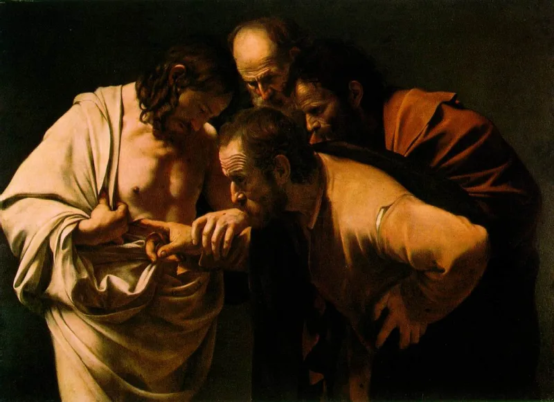 Caravaggio's Doubting Thomas; the Gospels present the appearances as bodily encounters rather than private visions