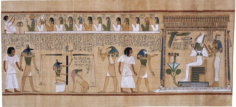 A presentation before the enthroned Osiris, with Isis behind, from the Book of the Dead