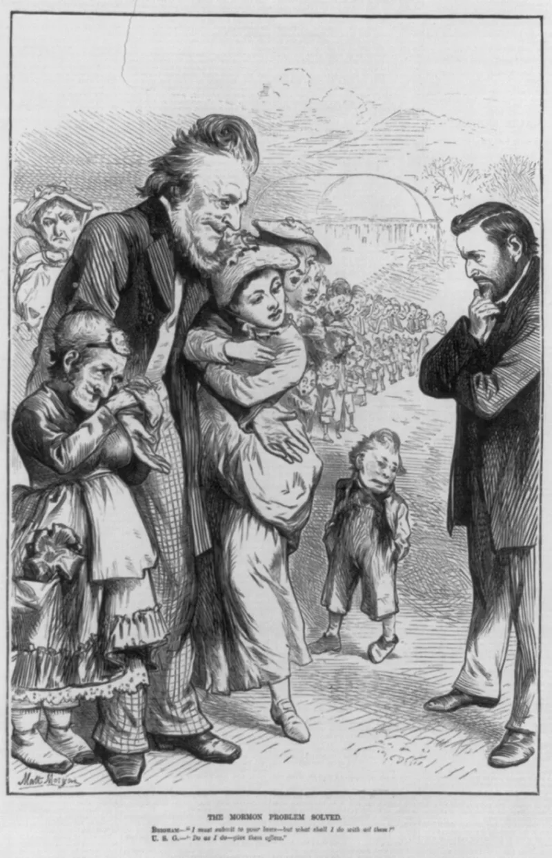 An 1871 American wood engraving depicting Brigham Young with hundreds of wives and children