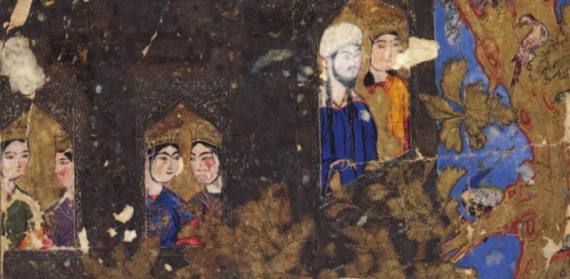 Muhammad and Gabriel with houris in a paradise pavilion, a fourteenth-century Persian painting