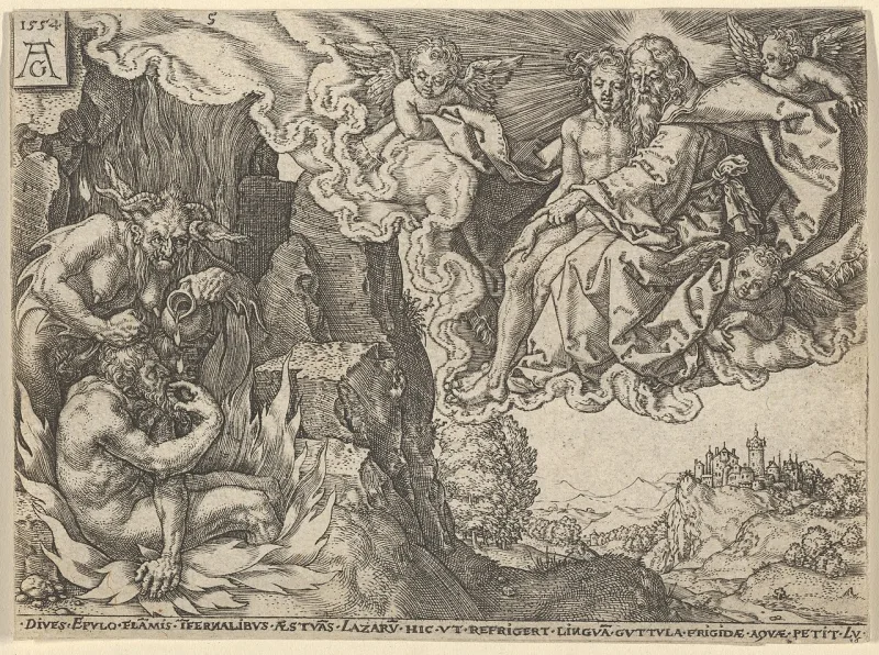 An old-master print of the rich man in torment, seeing Lazarus with Abraham