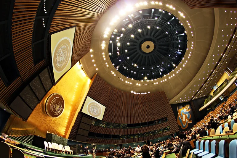 The United Nations General Assembly hall in New York, the body the Society joined as an NGO