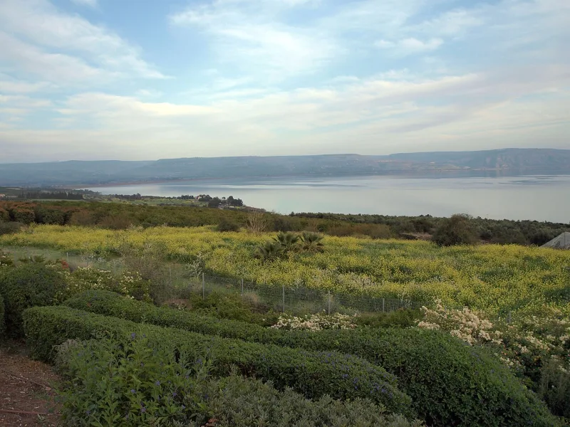 The Sea of Galilee from the Mount of the Beatitudes, the traditional setting of the sermon
