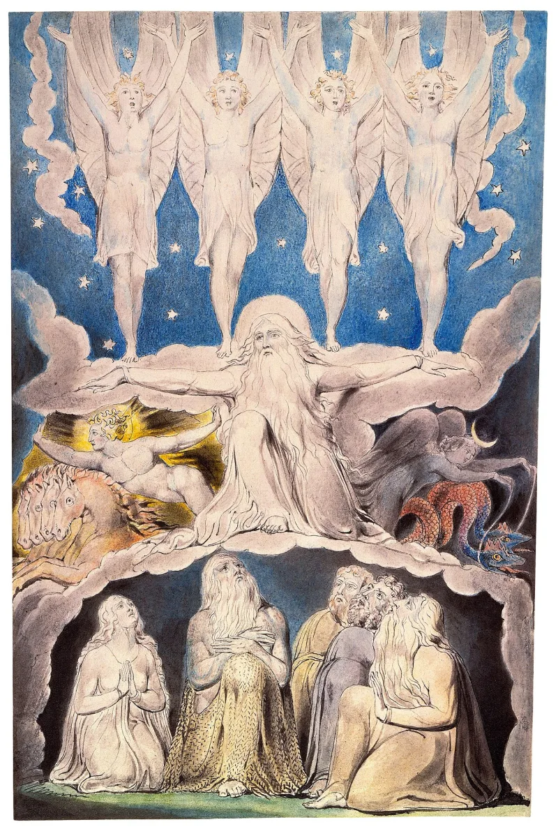 Blake's illustration of Job 38, the passage read as describing a premortal heavenly council