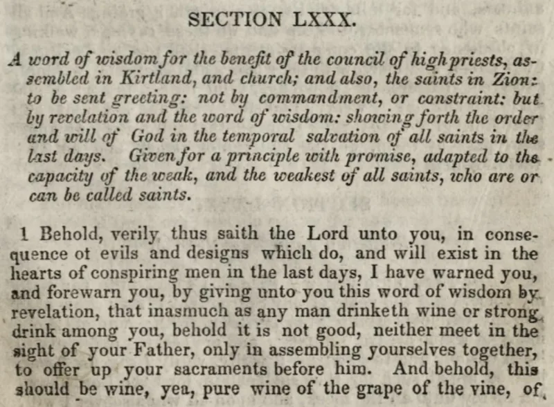 The Word of Wisdom printed in 1835; 'hot drinks' is the only phrase at issue